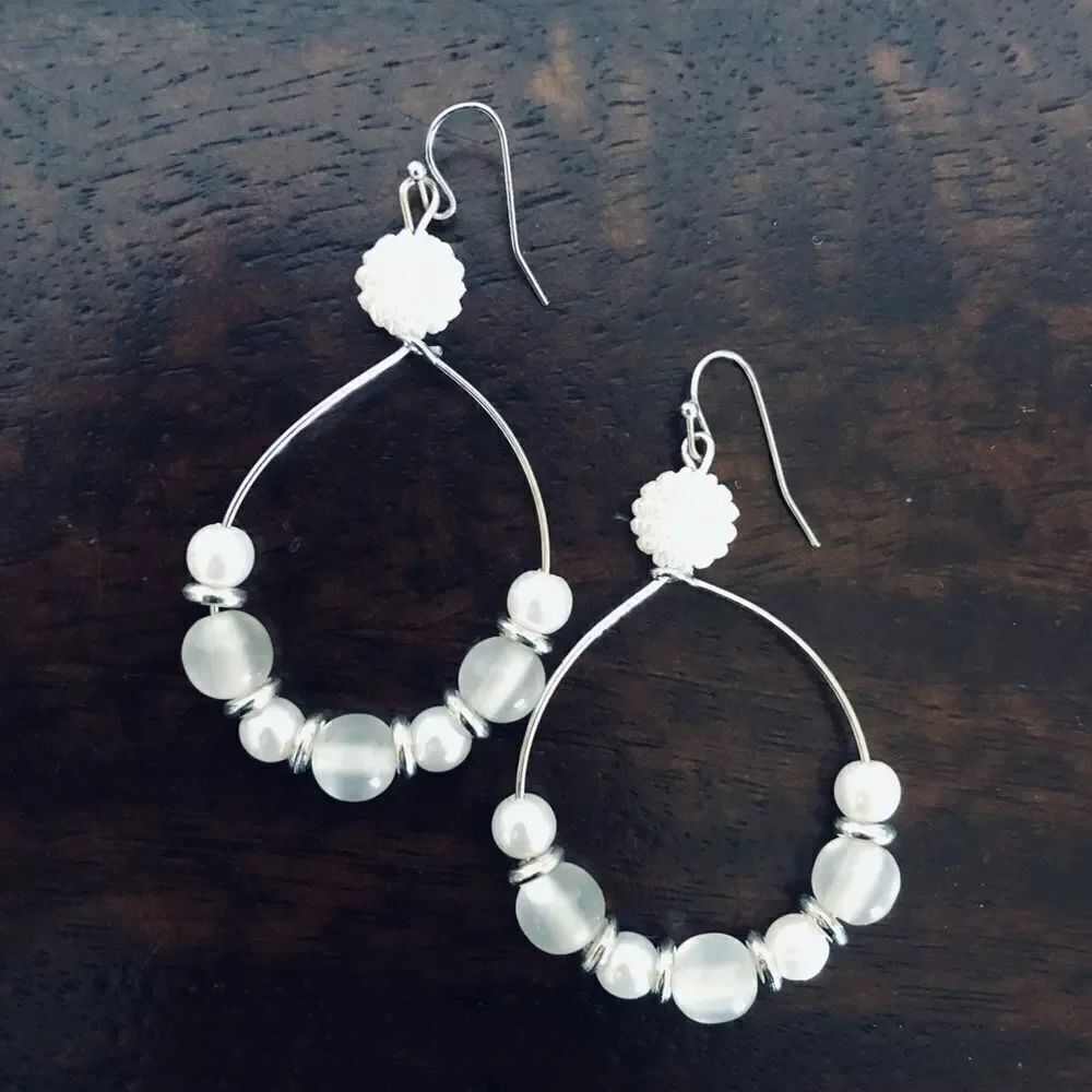 Handmade Silver Wire White Pearlescent Beaded Earrings
